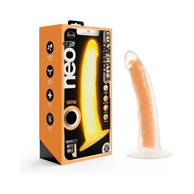 Orange Blush Neo Elite Viper dildo standing beside retail box