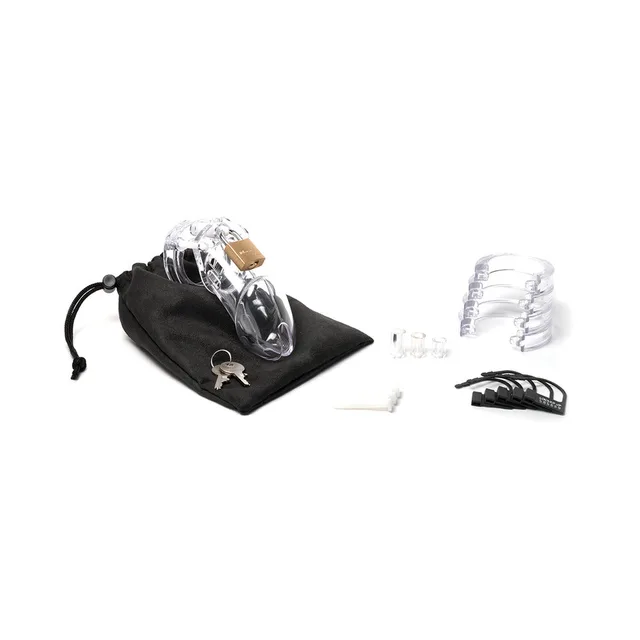CB-6000 Clear Chastity Cage kit components pouch keys and spacers