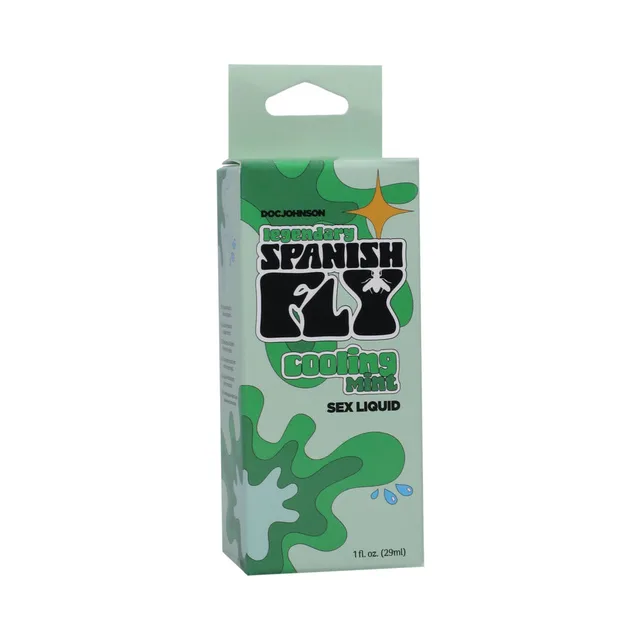 teal Spanish Fly Cooling Mint 1 oz liquid bottle inside green hanging box