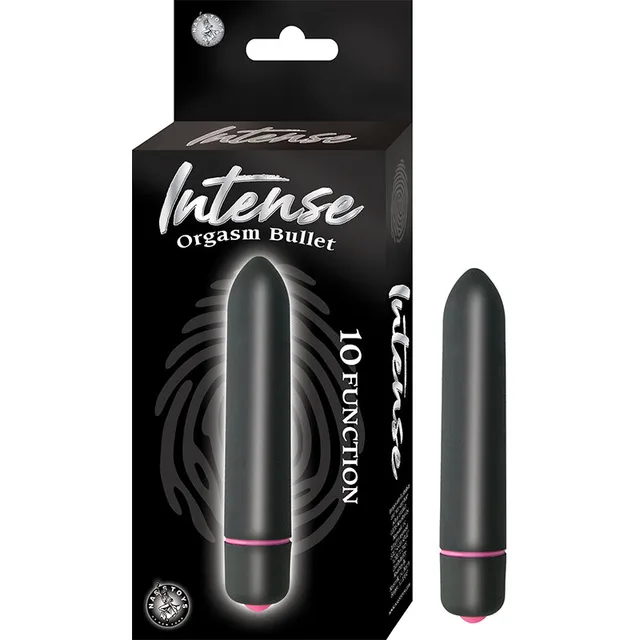 Black Nasstoys Intense 10-function bullet vibrator beside black carton