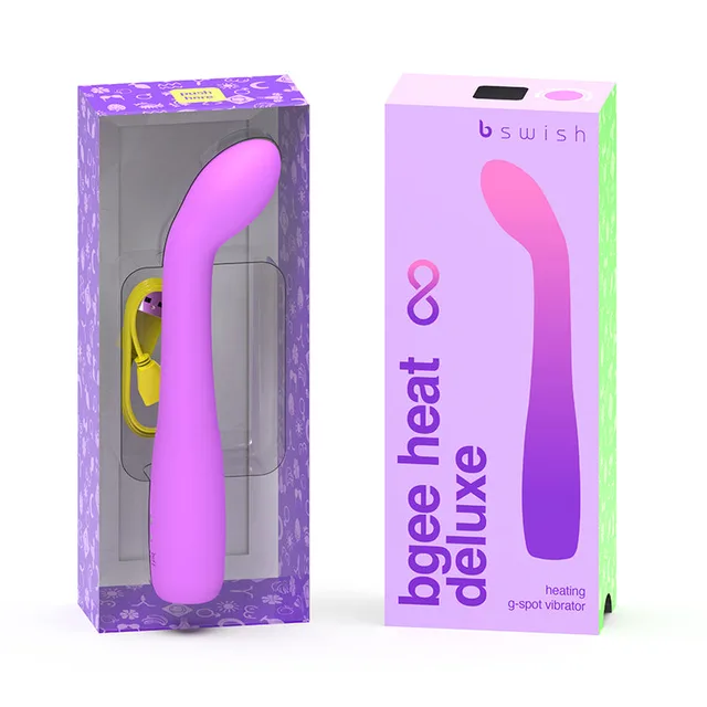 lavender B Swish Bgee Heat Infinite Deluxe curved vibrator beside windowed retail box