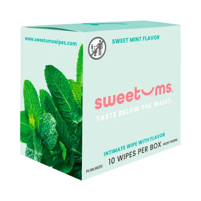 Sweetums Sweet Mint intimate wipes 10-pack mint-green box with fresh mint leaves on the front