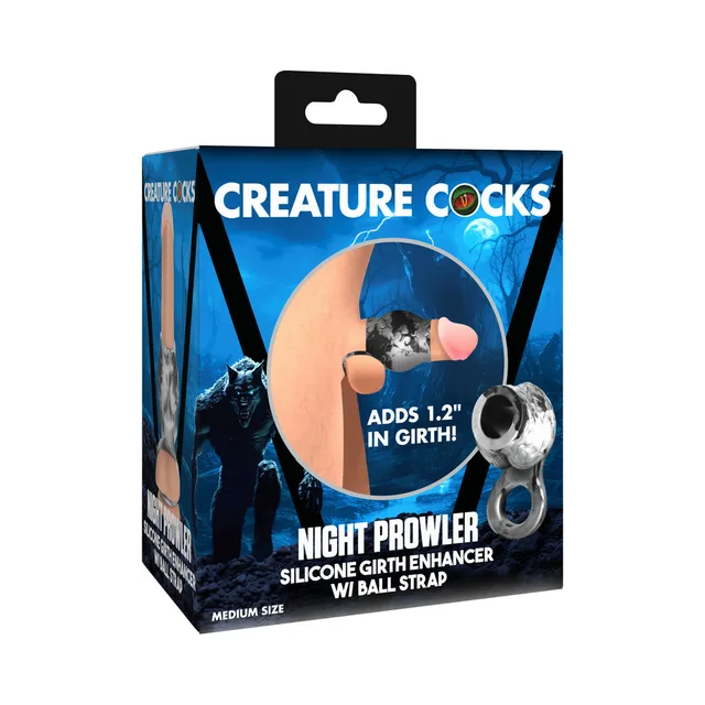 Creature Cocks Night Prowler medium gray girth enhancer box with 1.2-inch callout and wolf artwork