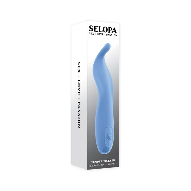 Selopa Tender Tickler blue vibrator pictured on tall white retail box