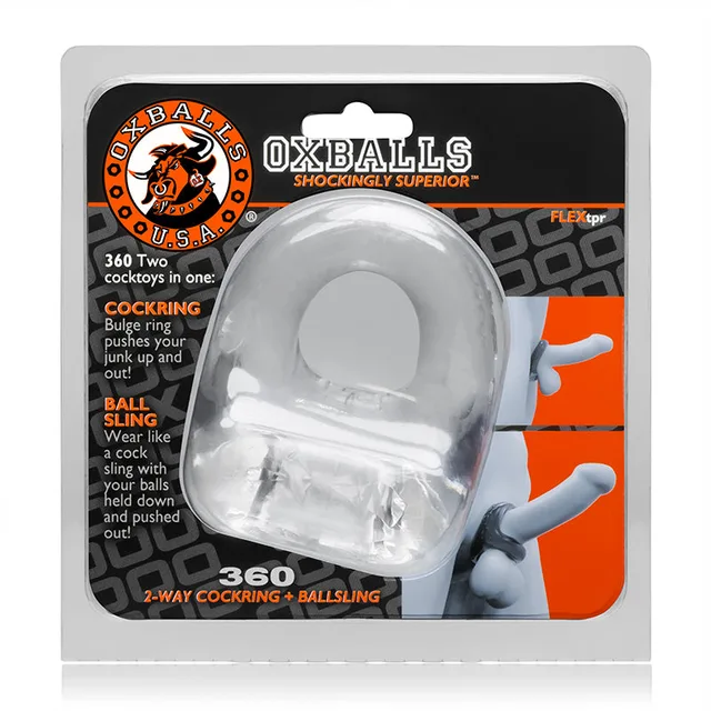 OxBalls 360 Clear Ring and Ball Sling inside orange black hanging package