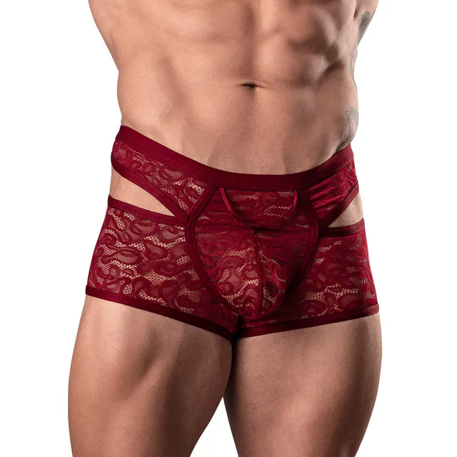 Male Power Lucifer XL burgundy floral lace cutout short front view worn by model