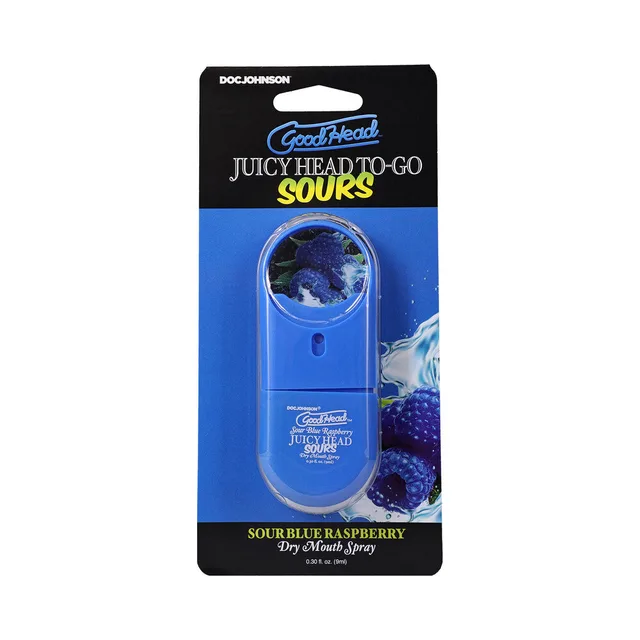GoodHead Juicy Head Sour Blue Raspberry 0.3 oz spray blue pocket atomizer on berry-themed card