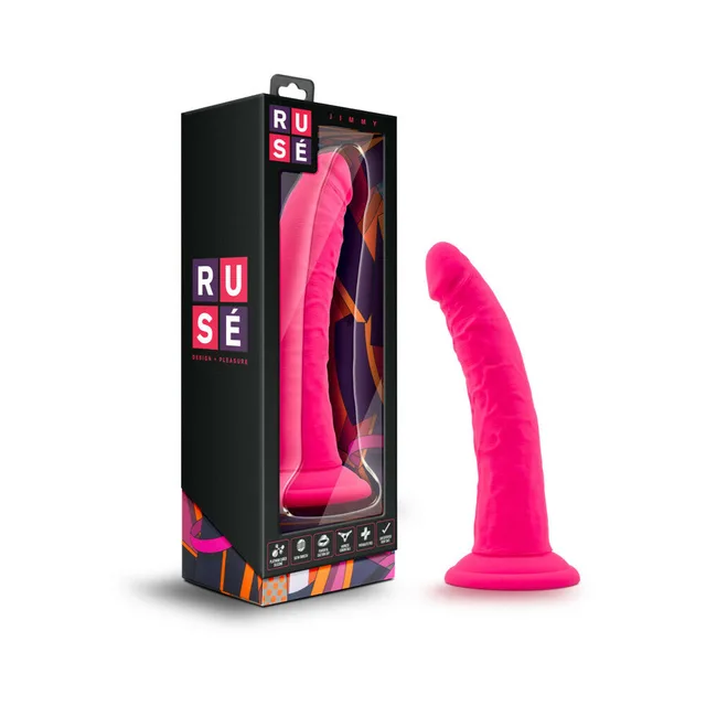 Blush Ruse Jimmy hot-pink silicone dildo beside black retail box