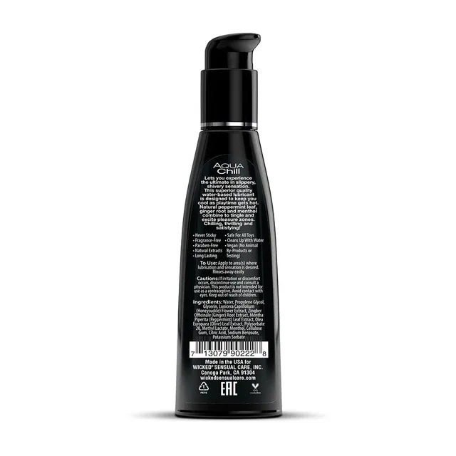 Wicked Aqua Chill 4-ounce lubricant black pump bottle back panel
