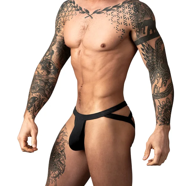 Male Power Eco Cozy Jock in black size S/M worn from the front to show the solid pouch and angled side straps