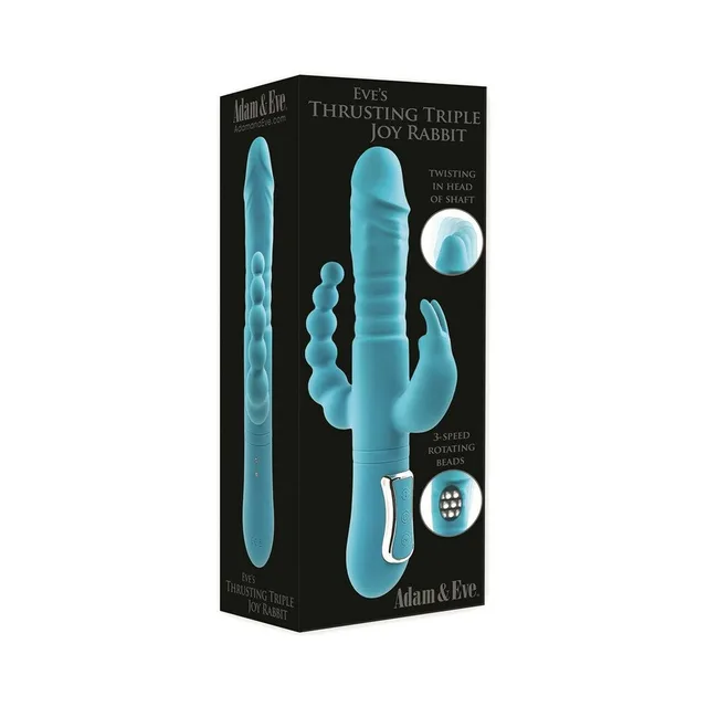 Adam & Eve teal Thrusting Triple Joy Rabbit three-arm design pictured on black retail box