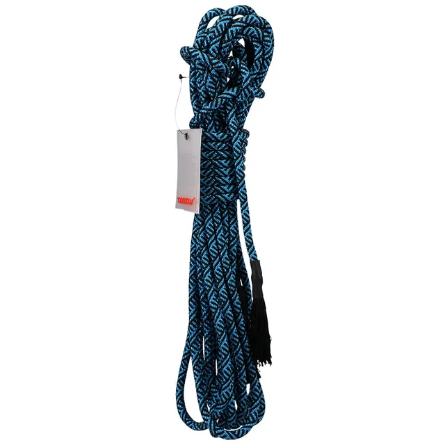 Tantus Azure blue and black 30 foot polyester rope folded vertical view with hang tag