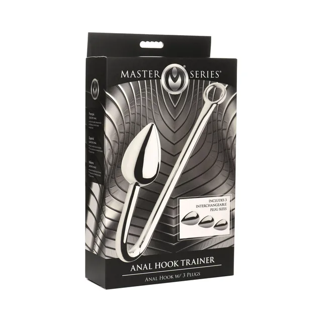 Master Series Anal Hook Trainer box showing silver hook and three plugs