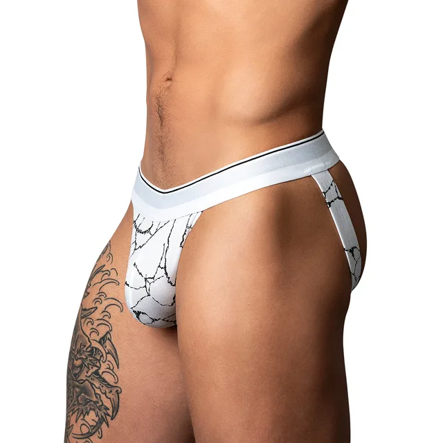 Male Power Soo Cumfy L/XL black and white jock front view worn by model