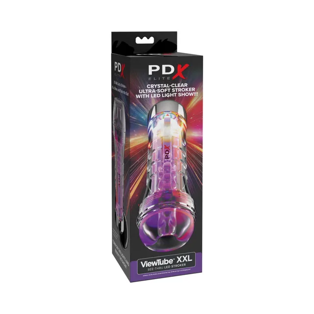 Clear PDX ViewTube XXL LED stroker with purple accents in box