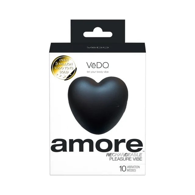 black heart-shaped VeDO Amore vibrator visible through a white and black retail box