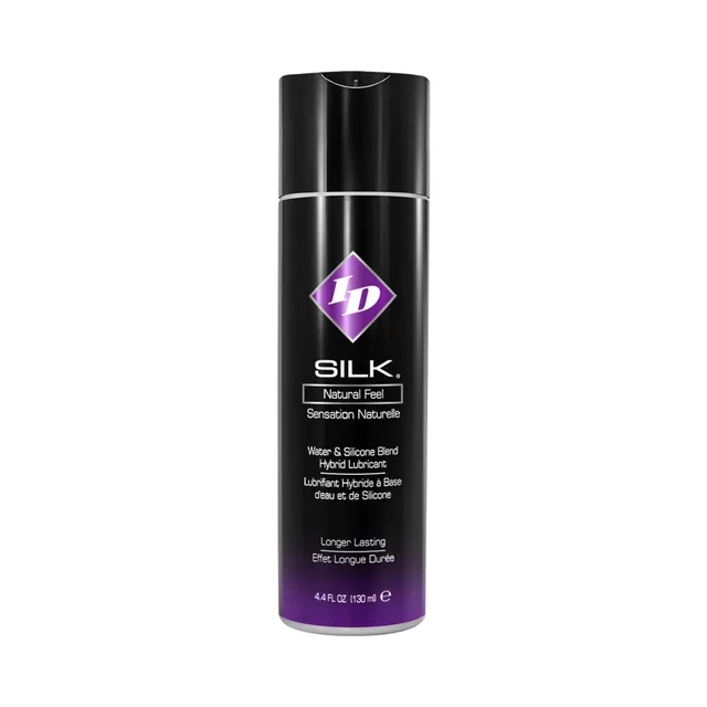 ID Silk Hybrid Lubricant 4.4 oz black cylindrical bottle with purple label