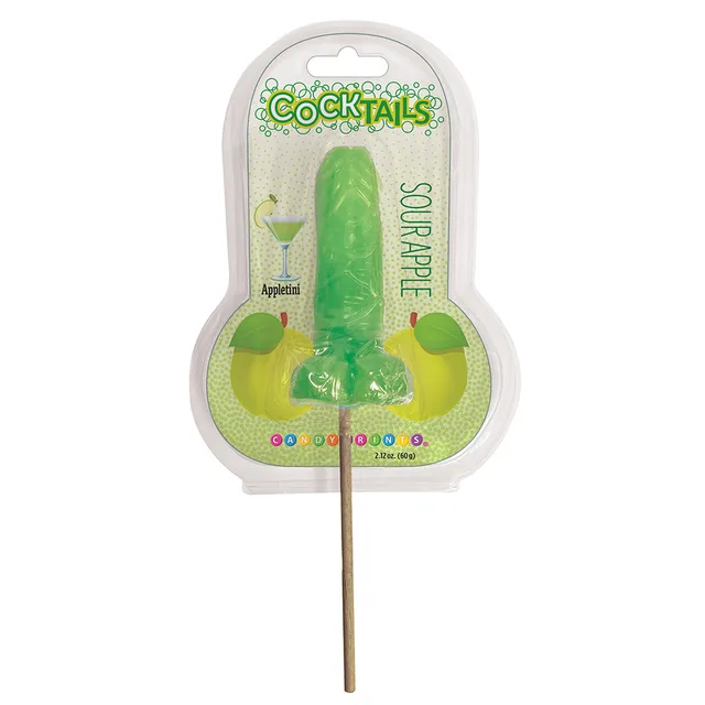 green Cocktails Sour Apple penis-shaped lollipop in clear hanging package