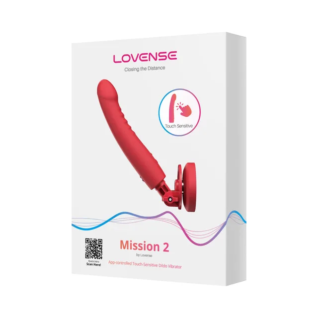 Red Lovense Mission 2 suction dildo pictured on white retail box