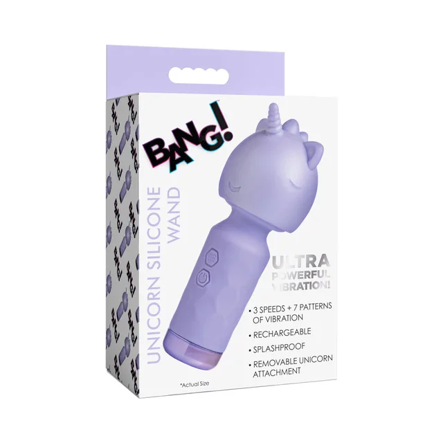 Light-purple BANG! Unicorn silicone wand beside retail box