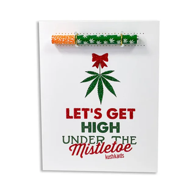 white Let's Get High Under the Mistle KushKard with multicolor one-hitter