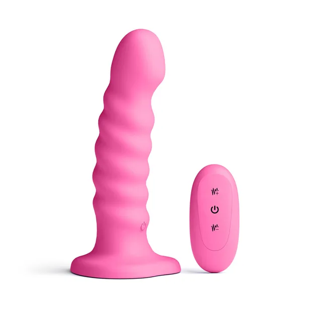 Pink 6-inch ribbed vibrator beside matching oval controller