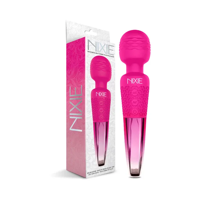 Nixie Pink Ombre wand massager beside black retail box