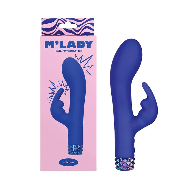 BMS M'Lady blue bunny vibrator beside its pink and blue retail box