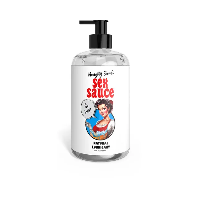 Naughty Jane's Sex Sauce Natural 16-ounce lubricant in clear bottle with black pump and white label