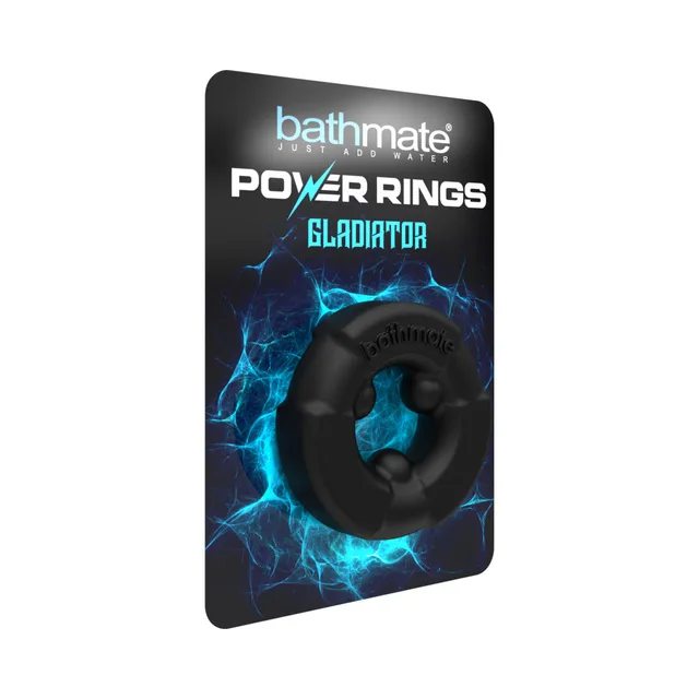 Black Bathmate Gladiator power ring angled on blue retail card