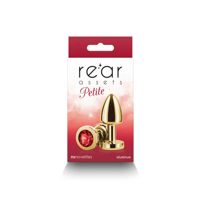 NS Novelties Rear Assets Petite gold aluminum anal plug with red jewel front retail package