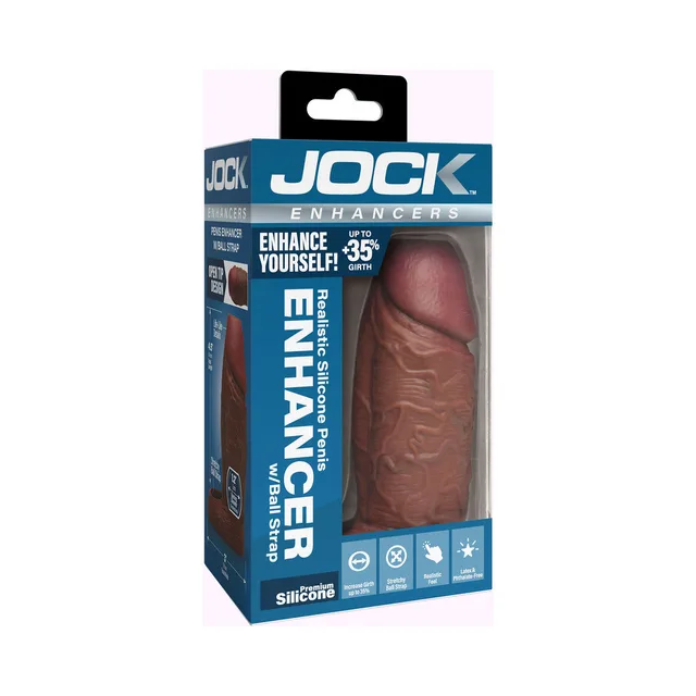 Dark-brown JOCK silicone penis enhancer sleeve displayed in blue retail box