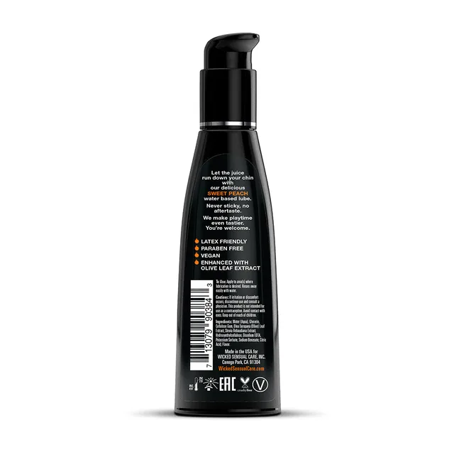 Wicked Aqua Sweet Peach Lubricant 4 oz tall black bottle rear with ingredient panel