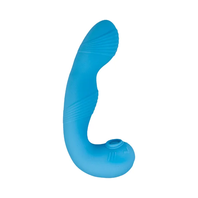 Side profile of blue My Secret vibrator with ribbed curved tip