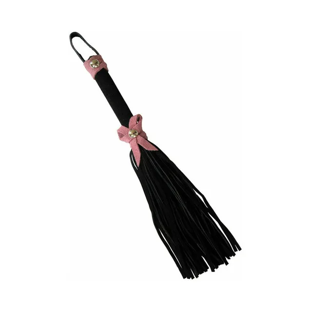 black mini flogger with pink bows, matching studs and hanging loop