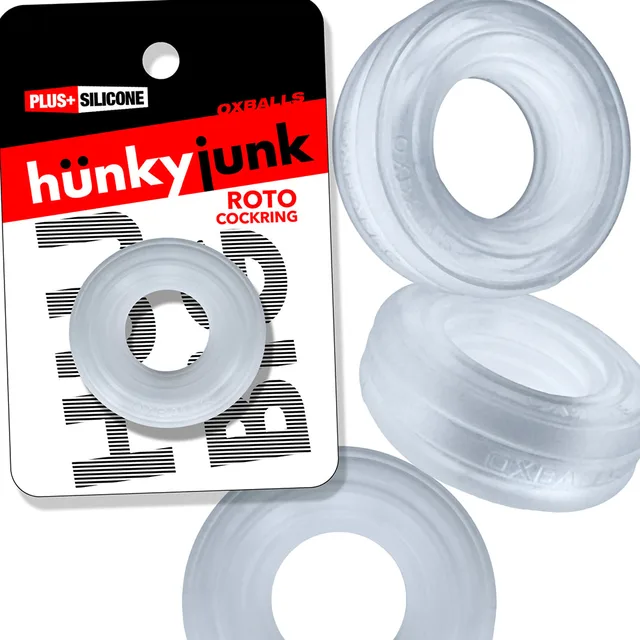 Oxballs Hunkyjunk Roto Clear Steam grooved cock ring retail package with three translucent product angles