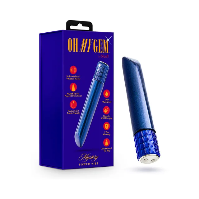 Blue Blush Oh My Gem Mystery bullet vibe with jeweled base beside purple retail box