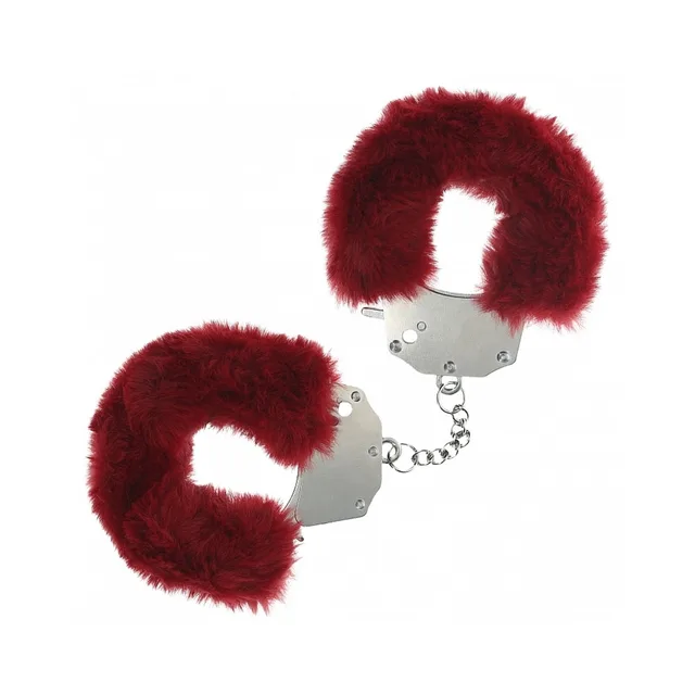 Shots Ouch burgundy fluffy handcuffs fur-covered metal pair joined by short chain