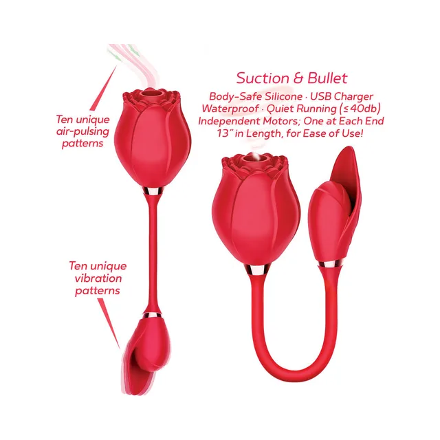 Red rose-shaped cup oval bullet and curved cable graphic