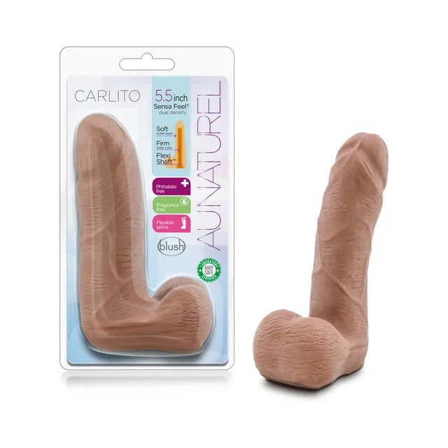 Au Naturel Carlito tan dildo with balls beside retail package