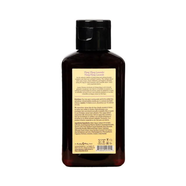 Back label of 2 oz ylang ylang lavender bubble bath bottle