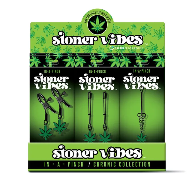 Green Stoner Vibes counter display holding three clamp package styles