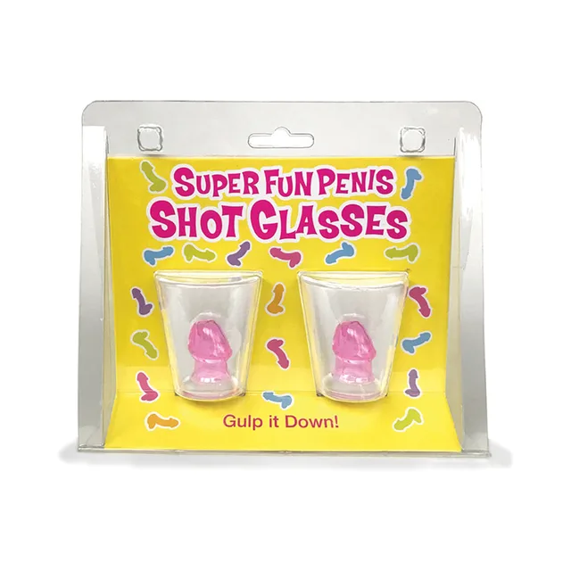 Two clear Super Fun Penis Shot Glasses with pink centers on yellow card