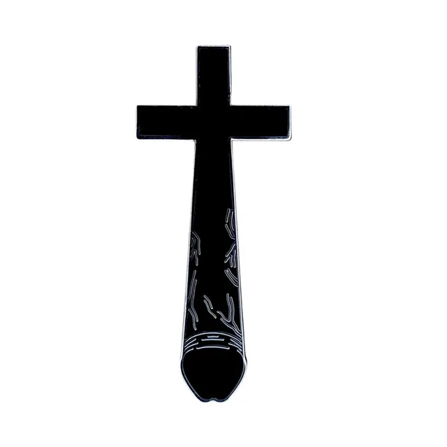 black Crucifux cross enamel pin with phallic lower stem and silver lines
