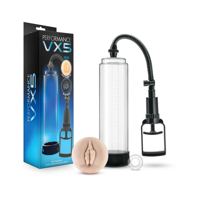 Performance VX5 retail box beside clear pump cylinder, hose, and sleeve