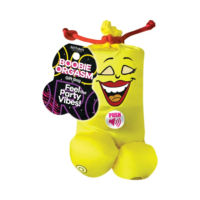 Hott Products orange Boobie Orgasm gift bag printed smiling face, red cord handles and push button