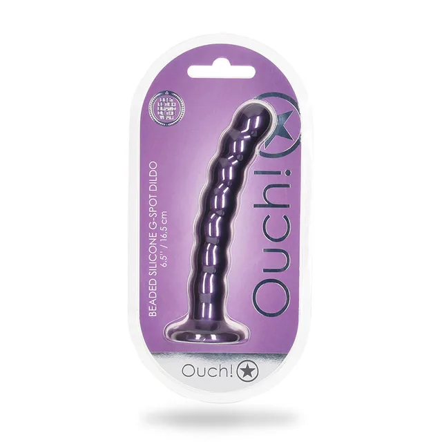 Shots Ouch metallic purple 6.5 inch beaded silicone dildo front clamshell package