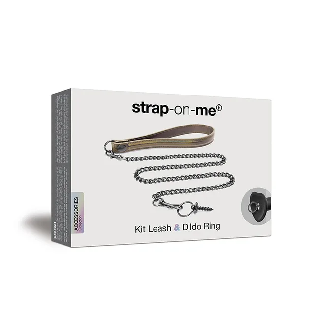 white Strap-On-Me kit box printed with a silver chain leash and black dildo ring