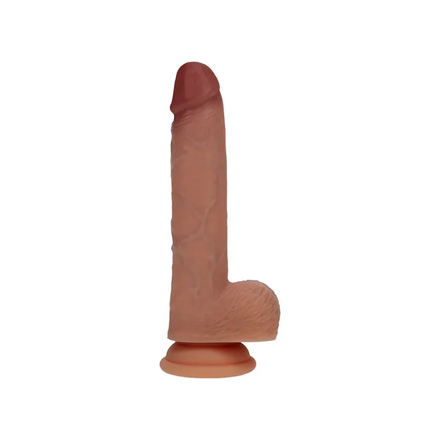 Shots Realrock 7-inch tan vibrating thrusting dildo front-left view of the textured shaft and rounded base