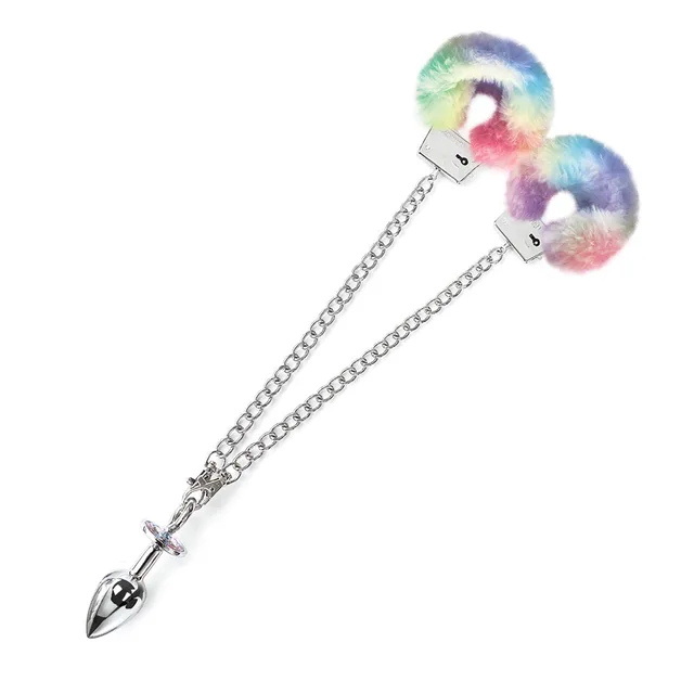 NIXIE medium rainbow furry handcuff and metal plug set laid out with long silver chain